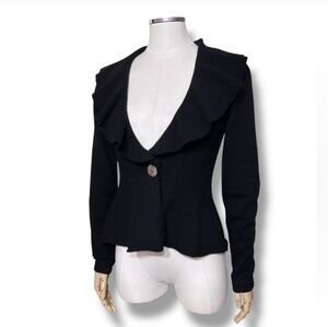 LH SPORT Black Cashmere Ruffle Collar Single Button Cardigan Peplum Hem VINTAGE